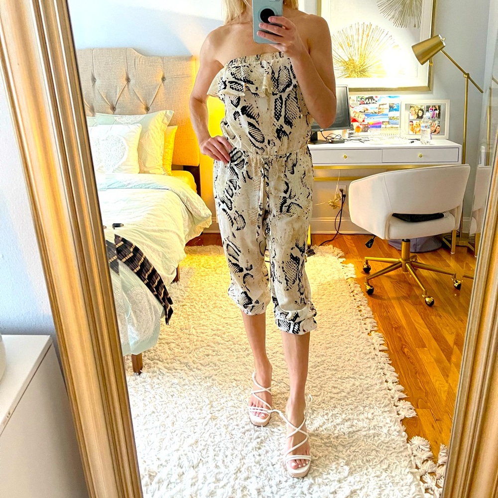 Bebe Snake Skin Strapless Romper